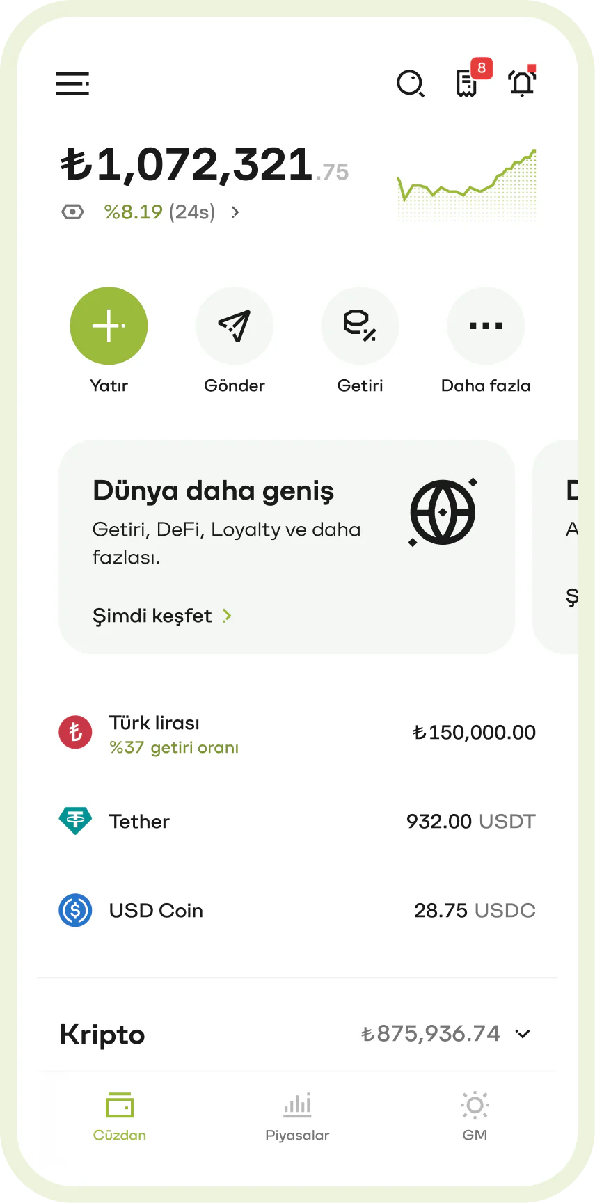 Paribu mobil uygulamasının cüzdan ekranı